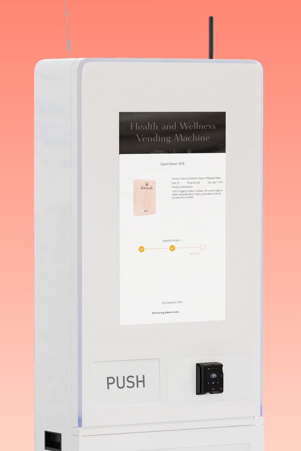 Smart health and wellness vending machine with touchscreen display showing product details and purchase confirmation for organic pads.