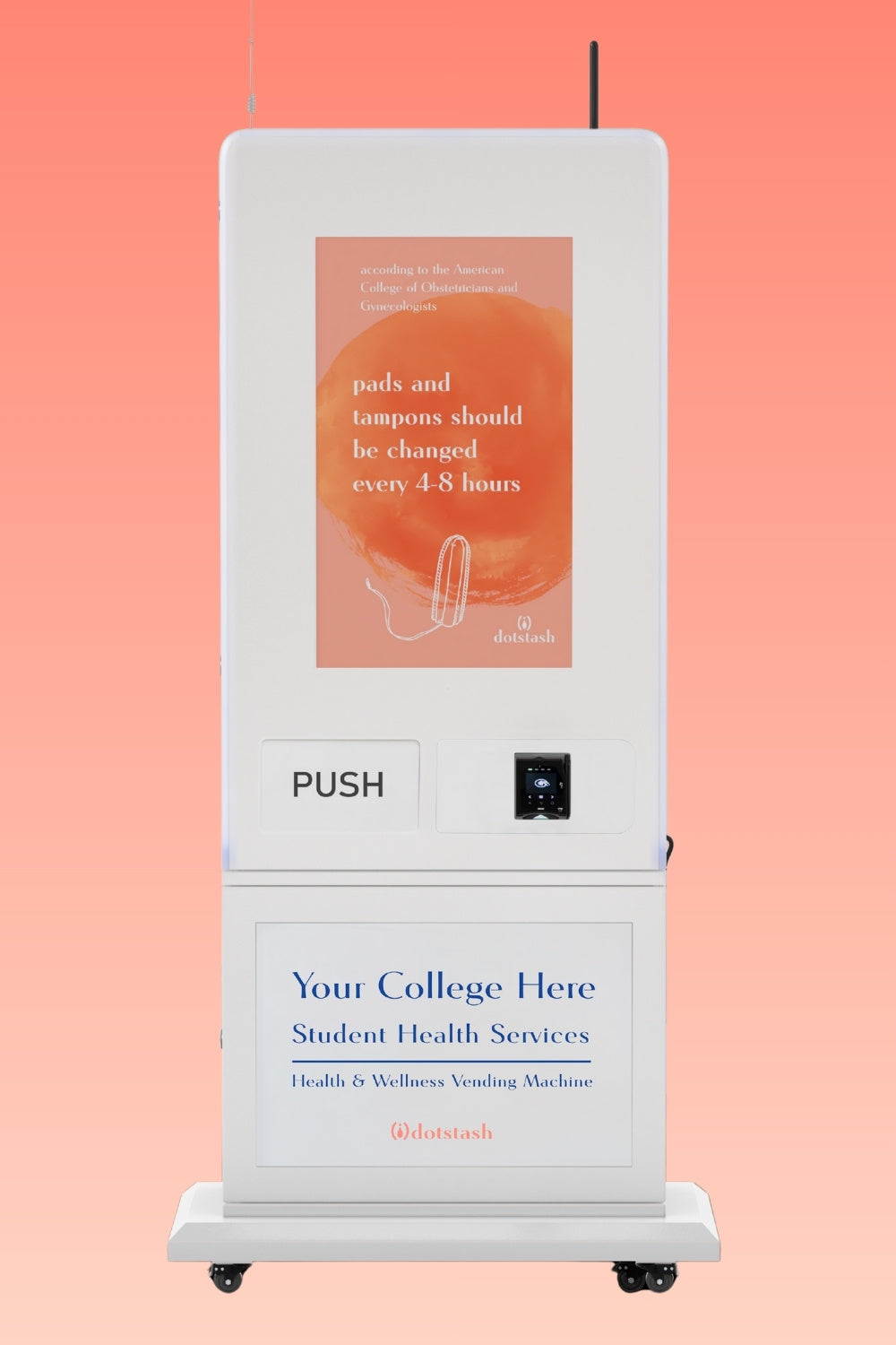 Smart health and wellness vending machine for colleges and universities, featuring a large digital screen with educational content and customizable branding for student health services.